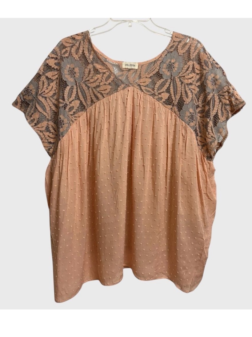 Velzera Women's Swiss Dot Floral Lace Blouse Top Size XL Peach Grey Boho Coastal